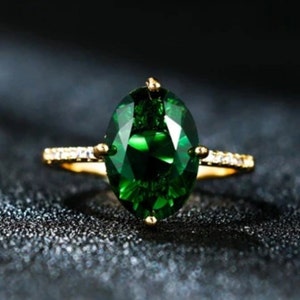 14K Solid Gold Oval Cut Emerald Ring, Green Stone Engagement Ring, May Birthstone Eternity Women Solitaire Ring, Handmade Jewelry Gifts