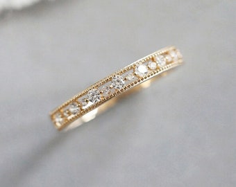 9K Solid Gold Elegant Stackable Thin Band Dainty Ring Inset Moissanite Ring Handmade Stacking Statement Ring Gemstone Eternity Women Ring