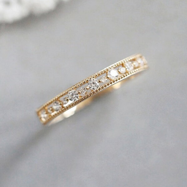 9K Solid Gold Elegant Stackable Thin Band Dainty Ring Inset Moissanite Ring Handmade Stacking Statement Ring Gemstone Eternity Women Ring