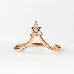14K Solid Gold Moissanite Crown Ring | Dainty Curved Wedding Band Women | Stackable Deep Chevron Ring | V Shape Cluster Bridal Thin Ring