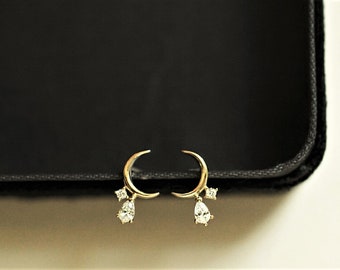 Dainty Small Moon Moissanite Earrings 9K Solid Gold Push Back Inset Stone Earring Charm Ear Studs  Minimalist Delicate Stunning Stud Earring