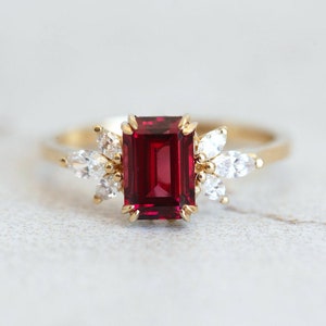 14K Gold Emerald Cut Ruby Ring: Vintage Moissanite Stacking Ring