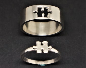 Puzzle Piece Sterling Silver Couple Rings: Geometric Promise Rings