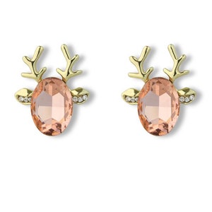 9K Solid Gold Deer Dainty Studs Inset Pink Tourmaline & Moissanite Delicate Stag Earrings Handmade Charm Ear Studs Women Minimalist Earring
