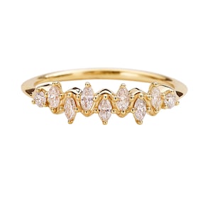9K Solid Gold Marquise Cut Moissanite Thin Band Ring Elegant Half Eternity Unique Band Dainty Handmade Stacking Minimal Gemstone Women Ring