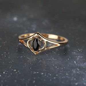 Art Deco Elegant Thin Dainty 9K Solid Gold Band Inset Marquise Cut Black Spinel Plain Ring Handmade Stacking Statement Gemstone Women Ring