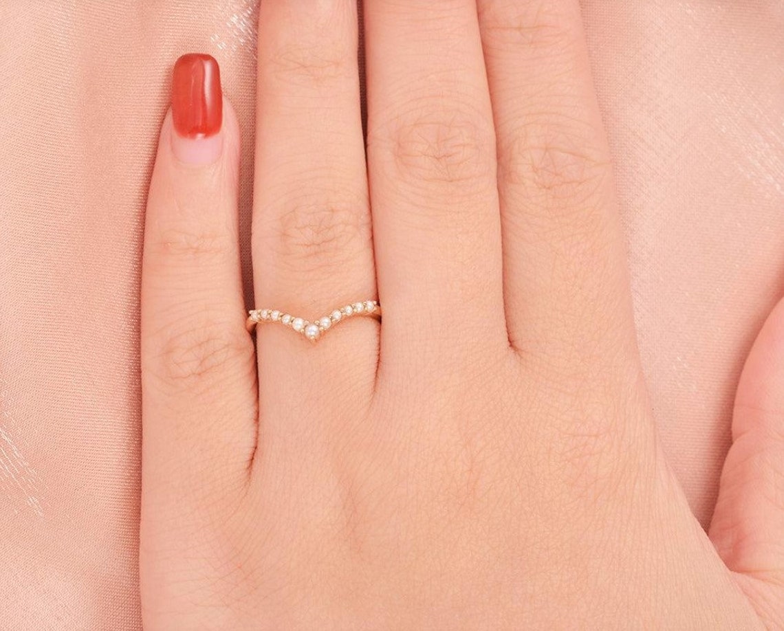 Vintage 9K Solid Gold Thin Band Ring Chevron Tiny Round Pearl Etsy