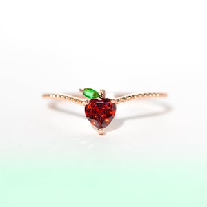 14K Gold Heart Garnet Strawberry Ring - January Birthstone