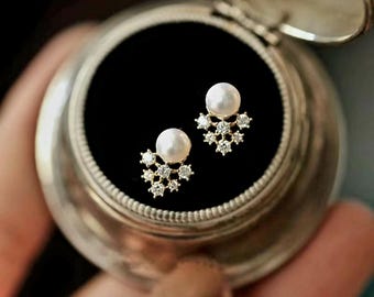 14K solid gold Cherry Blossoms Pearl Drop Earring Moissanite Studs Bridal Wedding Jewelry Bridesmaid Gift