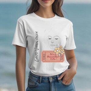 花柄モチーフのワンラインアート ユニセックスTシャツ、パーソナライズ可能なインスピレーション引用句シャツ、フラワーデザイン
