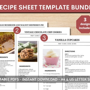 Recipe Book template, EDITABLE Recipe Sheet Template, Recipe Cards, Minimal Recipe Binder, A4 & 8.5x11 Printable, Food Planner Journal