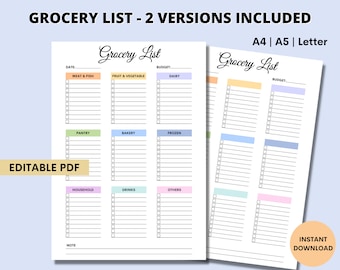 Editable Weekly Meal Planner, Grocery List | Printable, Digital | Meal Prep | Grocery List Template | Health Planner, Fitness | Digital PDF