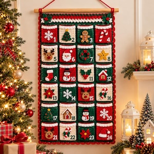 May include: A rectangular wall-hanging advent calendar made of crocheted fabric with twenty-four numbered pockets. Each pocket features a unique Christmas-themed applique, including snowflakes, reindeer, snowmen, and candy canes, in red, green, and cream colors.