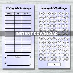 May include: A printable worksheet for a coin challenge. The worksheet has a table with columns for date, plus or minus, and sum. The right side of the worksheet shows a grid of circles representing coins in denominations of 0.50 euro, 1 euro, and 2 euro. The total amount of coins is 112 euro.