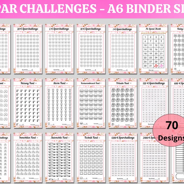 70 Sparchallenges,  Würfel Spar Challenge, A6 Budget Binder & Zipperumschlag Format, Digitale Datei als PDF, Budget Planer, Spiel des Lebens