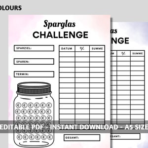 Mein Sparglas, Spar Challenge, euro spar challenges | PDF-Download, Budgetplanung, Umschlagmethode, A5 size, Geld Sparen