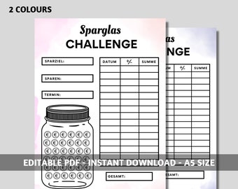 Mein Sparglas, Spar Challenge, euro spar challenges | PDF-Download, Budgetplanung, Umschlagmethode, A5 size, Geld Sparen