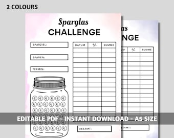 Mein Sparglas, Spar Challenge, euro spar challenges | PDF-Download, Budgetplanung, Umschlagmethode, A5 size, Geld Sparen