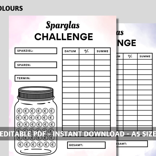 Mein Sparglas, Spar Challenge, euro spar challenges | PDF-Download, Budgetplanung, Umschlagmethode, A5 size, Geld Sparen