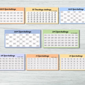 May include: A set of ten colorful cards with a savings challenge theme. Each card features a different amount of money, from 1&euro; to 1000&euro;, and a grid of squares to track progress. The cards are designed to help people save money over time.
