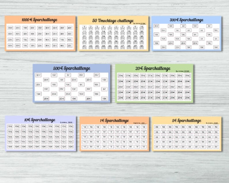 May include: A set of ten colorful cards with a savings challenge theme. Each card features a different amount of money, from 1&euro; to 1000&euro;, and a grid of squares to track progress. The cards are designed to help people save money over time.