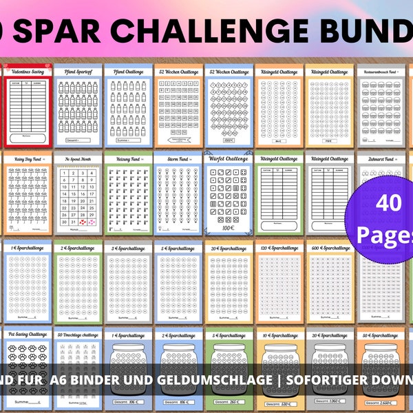 40 Sparchallenges Bundle "Sparglas" für A6 Geldumschläge und A6 Cash Binders (passend für Zipperumschläge). Digitaler Download.