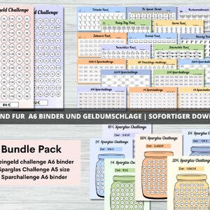 May include: A printable bundle pack of 26 money saving challenge charts. The charts are designed to help people save money for specific goals, such as a rainy day fund, a vacation, or a new car. The charts are available in A6 binder size and include a variety of themes, such as "Kleingeld Challenge" and "Sparchallenge".