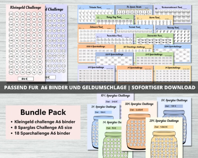 May include: A printable bundle pack of 26 money saving challenge charts. The charts are designed to help people save money for specific goals, such as a rainy day fund, a vacation, or a new car. The charts are available in A6 binder size and include a variety of themes, such as "Kleingeld Challenge" and "Sparchallenge".