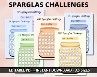 Dein Sparglas Sparchallenge, 1, 2, 5, 10, 20, 50 euro challenge, Umschlagmethode, Sparchallenge, Download