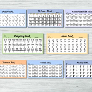 May include: A set of nine colorful printable charts for tracking savings goals. Each chart features a different theme, such as vacation, rainy day, and restaurant visits, and uses icons to represent saved money. The charts are designed to help people visualize their progress towards their financial goals.