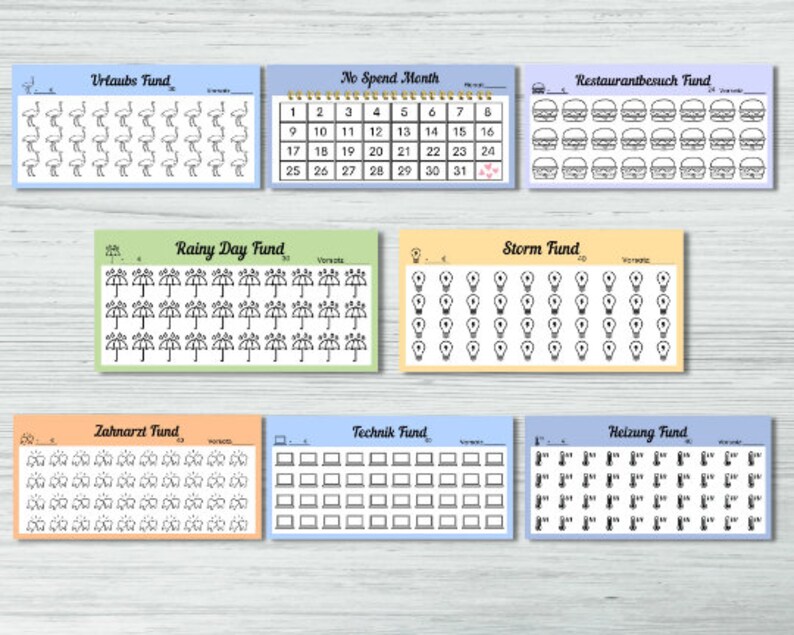 May include: A set of nine colorful printable charts for tracking savings goals. Each chart features a different theme, such as vacation, rainy day, and restaurant visits, and uses icons to represent saved money. The charts are designed to help people visualize their progress towards their financial goals.