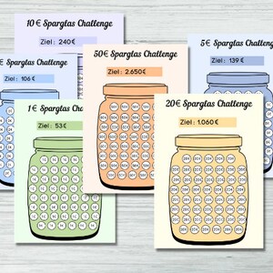 May include: Five printable charts for a savings challenge. Each chart features a jar with a different amount of money inside. The amounts are 1 euro, 2 euros, 5 euros, 10 euros, and 20 euros. The charts are labeled with the amount of money and the total savings goal.
