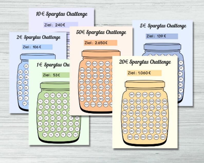 May include: Five printable charts for a savings challenge. Each chart features a jar with a different amount of money inside. The amounts are 1 euro, 2 euros, 5 euros, 10 euros, and 20 euros. The charts are labeled with the amount of money and the total savings goal.