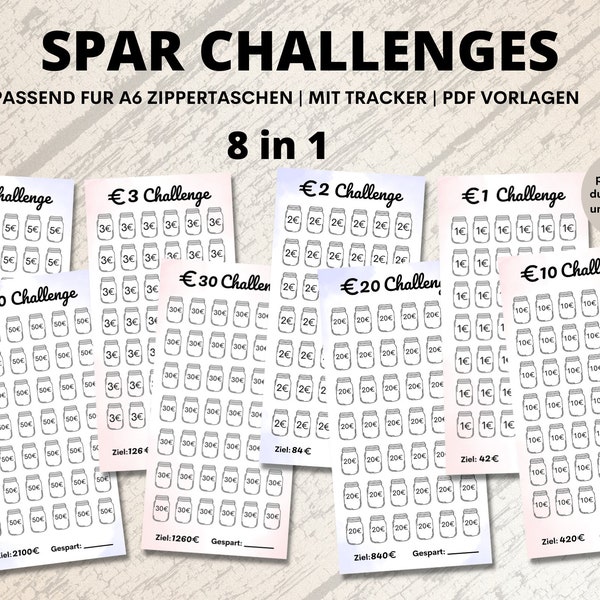 Sparchallenges "Sparglas" für A6 Geldumschläge und A6 Cash Binders (passend für Zipperumschläge). Digitaler Download.