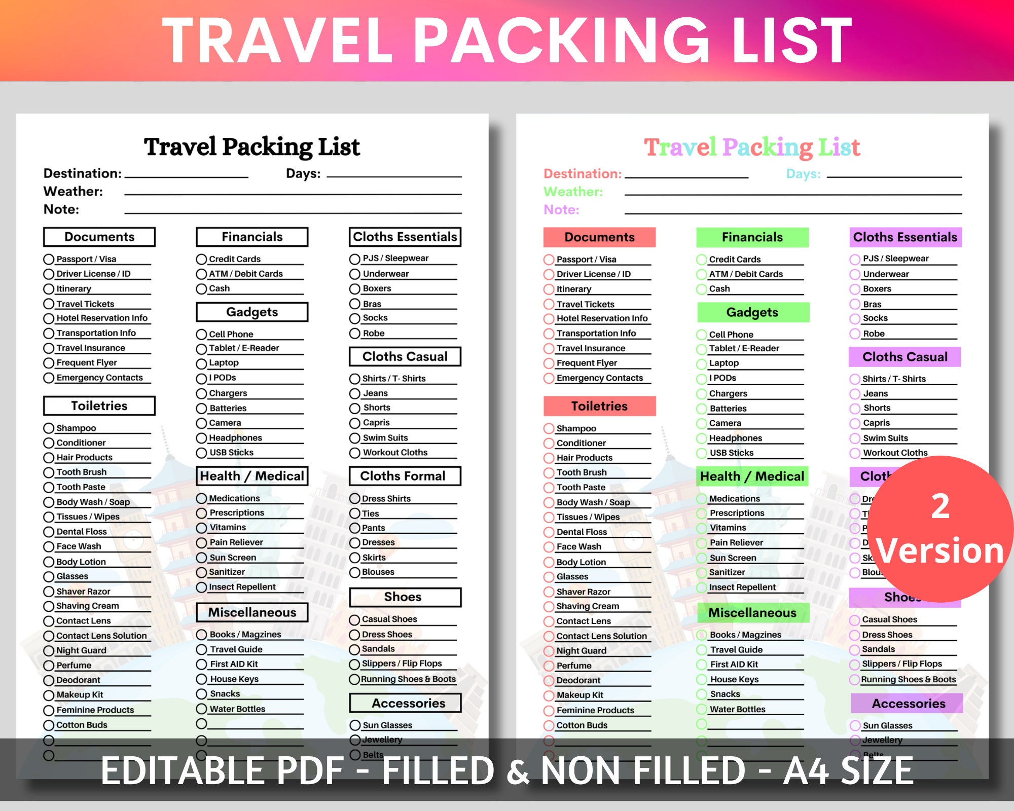 Editable Travel Packing List, Travel Packing List Printable, Packing ...
