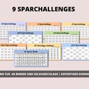 9 Sparchallenges passend für Zippertaschen und Geldumschläge A6 include No Spend Month