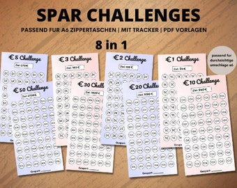 Spar-Challenge / Sparen mit Challenges / 18 spar challenges bundle / Cash Binders A6 / 1, 2, 5, 10, 20, 50 sparglas challenge / Printable