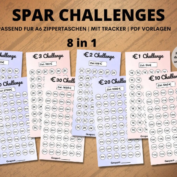 Spar-Challenge / Sparen mit Challenges / 18 spar challenges bundle / Cash Binders A6 / 1, 2, 5, 10, 20, 50 sparglas challenge / Printable