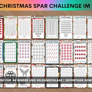 25 weihnachtliche Sparchallenges inkl. Tracker | Passend für A6 Geldumschläge, A6 Kassenmappen & A6 Klarsichtumschläge für deine Haushaltsmappe