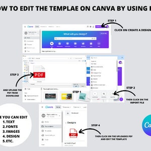 May include: A step-by-step guide on how to edit a template on Canva using a PDF file. The image shows a computer screen with the Canva website open, and a PDF file being uploaded. The steps are numbered and include instructions on how to create a design, import a file, and edit the template.