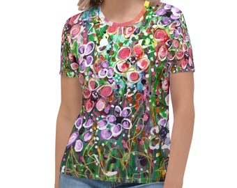 Women's floral print T-shirt, XS-2X, short sleeve tee, abstract flowers on t-shirt, dressy tee, women's summer t-shirt