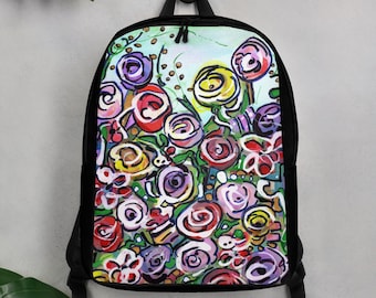 Cute backpack with abstract flowers from watercolor painting, bright colored bag, 15" laptop pocket, athletic backpack, fashion backpack