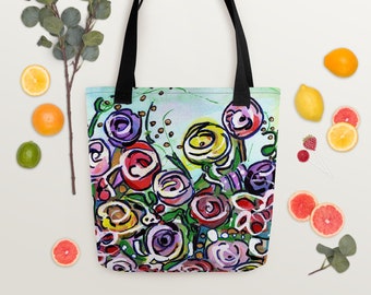 Cute Tote bag, Floral Tote Bag, Abstract Flowers design from Watercolor painting, Reusable Tote Bag, Tote Bags for women, Aesthetic tote bag