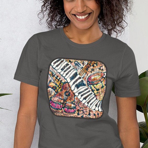 Music T-shirt, S-4XL, Musical Instruments Art, Band T-shirt, Graphic Tees, Gift for Music Teacher, Mosaic Art, Abstract Music Art,Unisex Tee