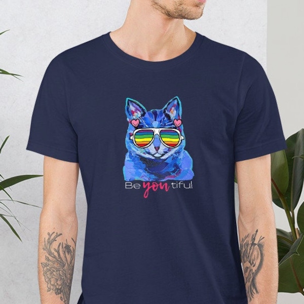 Short-Sleeve BeYOUtiful Unisex T-Shirt, Rainbow Glasses, LGBTQ Pride, Rainbow Cat, Cat Lovers, Beautiful, Gifts for Pride, Pride Parade, Gay