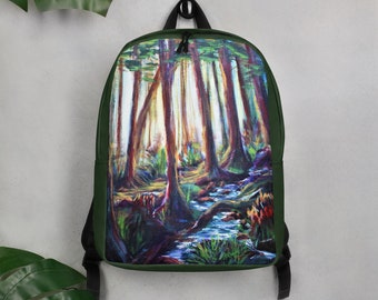 Art Backpack, Green Backpack with Forest Art, Spacious with Hidden Pocket, Backpack School, Nature Lovers, Backpack for him