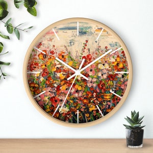 Floral Wildflower Wall Clock designed from painting. Clock Face shows 5 minute intervals.