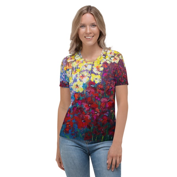 Floral art, women's T-shirt all-over print, XS-2XL wild flowers, women's tees, flowered pattern, botanic design, nature inspired t-shirt