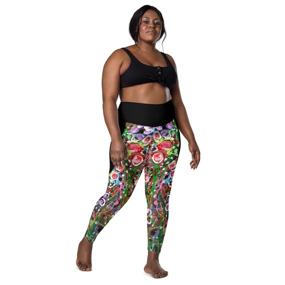 Plus Size Leggings With Pockets XL-6XL, Abstract Floral Leggings