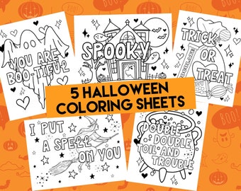 Folhas para colorir de Halloween! Páginas para colorir para adultos e crianças! 5 páginas de diversão assustadora! Fantasma, Bruxa, Casa Assombrada, Caldeirão e Doces!